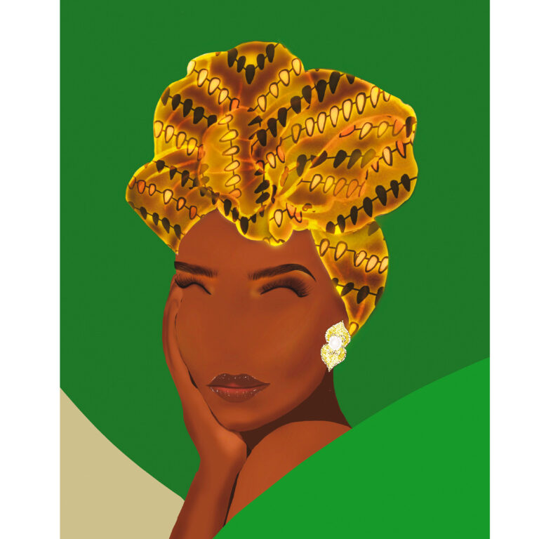 black woman wearing wax print fabric as a headwrap